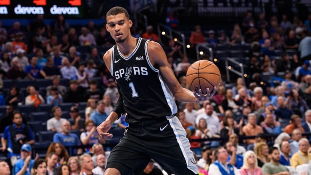 San Antonio Spurs center Victor Wembanyama playing against the Oklahoma City Thunder in the first preseason game